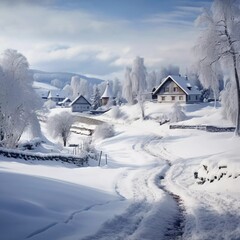 A charming countryside covered in a blanket of freshly fallen snow, AI Geneator