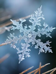 A close-up of delicate snowflakes resting on pine needles, AI generator	
