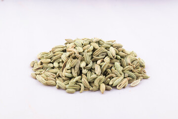 Closeup of fennel seeds on white background