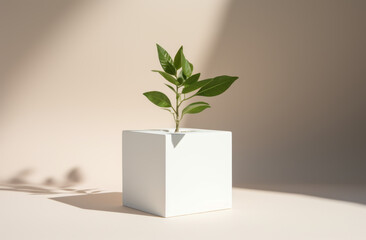 A white cube with a plant, decorative background, nature's wonder, superflat style