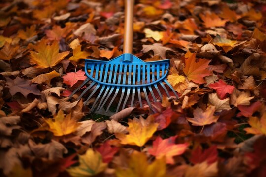 colorful autumn leaves surrounding a garden rake. Generative AI