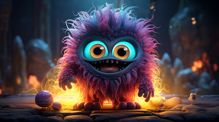 Naklejka premium Cute fluffy little monster, bright colors, smile generative ai