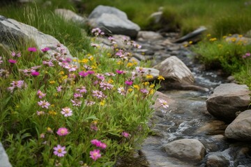 Obraz na płótnie Canvas Wildflowers by a mountain stream. Generative AI