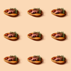 Delicious Grilled Steak Meat food seamless photo pattern on a solid color background