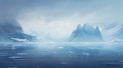 A fog-filled morning at the iceberg captured in a photorealistic landscape style, evoking an atmospheric mood - obrazy, fototapety, plakaty