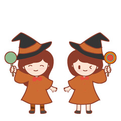 Cartoon child dressed as a cute witch for Halloween