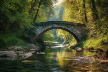 Deurstickers Medieval stone bridge in the forest © Roman