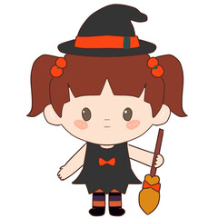 Cartoon child dressed as a cute witch for Halloween