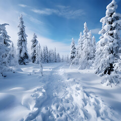 Fototapeta na wymiar Winter Wonderland, A Captivating Snowy Forest Journey