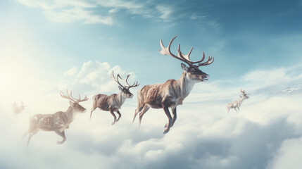 Santa's reindeers flying over the clouds - obrazy, fototapety, plakaty