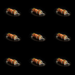 Delicious Sushi Salmon Rolls food seamless photo pattern on a solid color background
