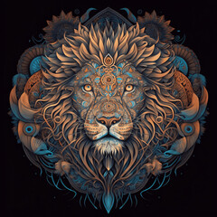 Mandala patter Lion, Africa animal black background - obrazy, fototapety, plakaty