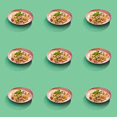 Delicious Pasta food seamless photo pattern on a solid color background