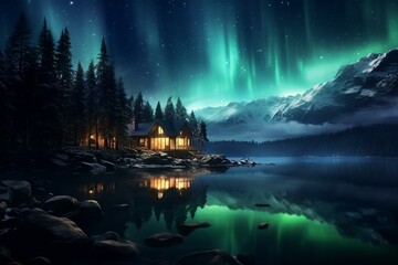 Discovering tranquility amidst beautiful aurora lights. Generative AI