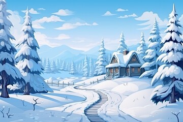 Fototapeta premium Cozy Cabin Retreat Amidst Snowy Pine Forests: A Winter Wonderland Dream. Generative AI