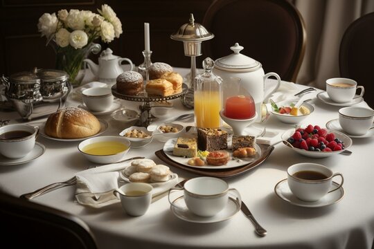 opulent breakfast spread with elegant tableware, delectable cuisine, and aromatic tea. Generative AI