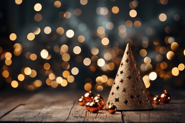 Christmas tree decoration on wooden table with bokeh lights background. A Cozy Orange Christmas...