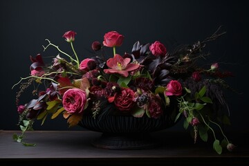 Elegant floral arrangement with dark flowers on a black background, ideal for gothic funeral decor. Generative AI