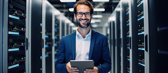 Smiling IT specialist using tablet computer in data center overlooking server farm With copyspace for text