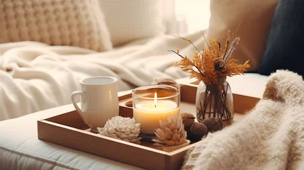 Foto op Plexiglas Still life details in home interior of living room. Sweaters and cup of tea with  serving tray on a coffee table. Breakfast over sofa in morning sunlight. Cozy autumn or winter concept. © Emil