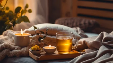  Still life details in home interior of living room. Sweaters and cup of tea with  serving tray on a coffee table. Breakfast over sofa in morning sunlight. Cozy autumn or winter concept. © Emil