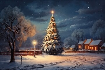 Naklejka premium Enchanted Winter Night: Snow-Covered Town Square with Glistening Christmas Tree. Generative AI