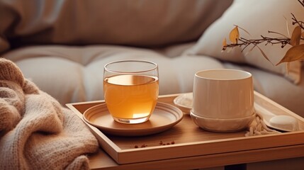 Still life details in home interior of living room. Sweaters and cup of tea with
 serving tray on a coffee table. Breakfast over sofa in morning sunlight. Cozy autumn or winter concept.