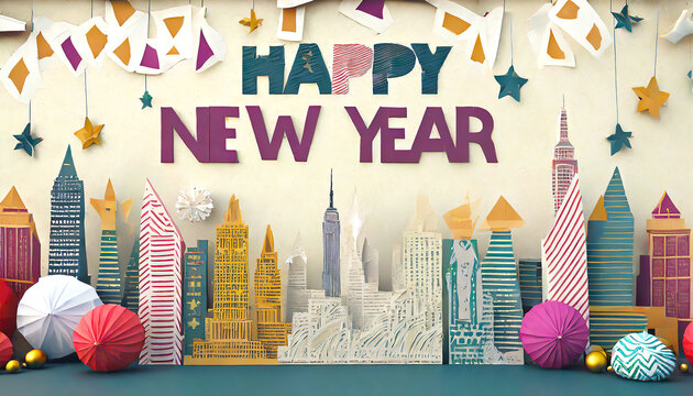 New Year celebration banner, on New York city themed background with American metropolis skyline. Overlapping paper technique. Illustration for invitation, greeting, party.