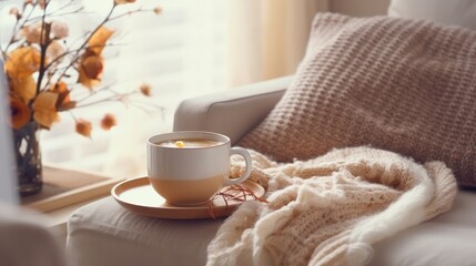 Still life details in home interior of living room. Sweaters and cup of tea with
 serving tray on a coffee table. Breakfast over sofa in morning sunlight. Cozy autumn or winter concept. - Powered by Adobe