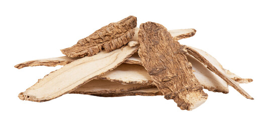 Dried slices with dahurian angelica roots on transparent background.