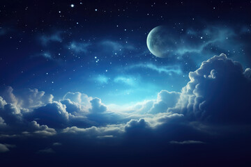 Fototapeta na wymiar Moon in starry night over clouds 