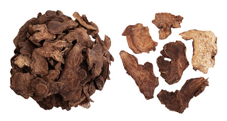 Dried Atractylodes lancea slices on transparent background.