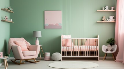 beautiful nursery design with a pink and pastel room. Baby room in scandinavian style
