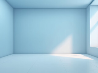 Pared azul con juego de luces y sombras. Habitación diáfana azulada con luz de la ventana.