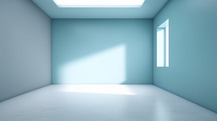Pared azul con juego de luces y sombras. Habitación diáfana azulada con luz de la ventana. - obrazy, fototapety, plakaty