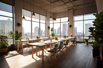 Contemporary coworking space with ample light, city view, and natural materials. Generative AI