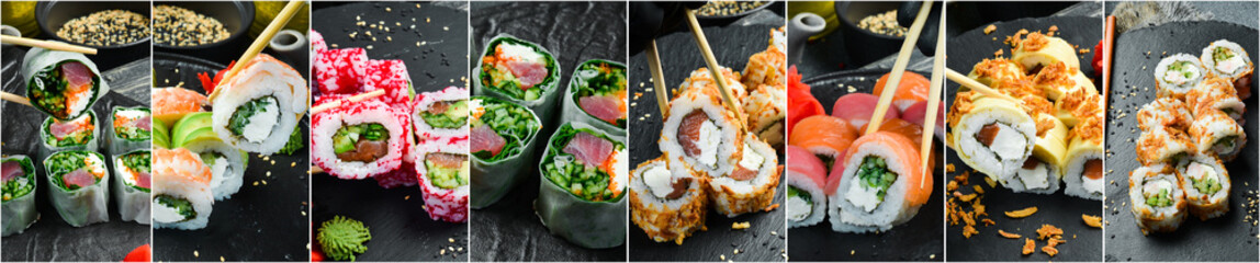 Asian food background. Sushi, maki and rolls. Photo collage.