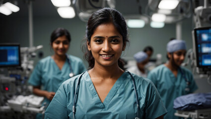 Dottoressa di origini indiane in ospedale in sala operatoria con camice