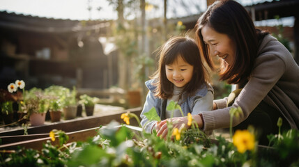 Smiling mother and daughter take care of flowers while gardening at farm
