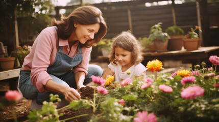 Smiling mother and daughter take care of flowers while gardening at farm