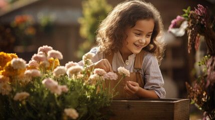 Smiling little girl take care and plant flowers in the garden or a farm