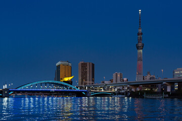 Tokyo Sky Tree from beside the river in the evening, Japan.