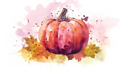 Watercolor painting of a pumpkin in maroon color tone.