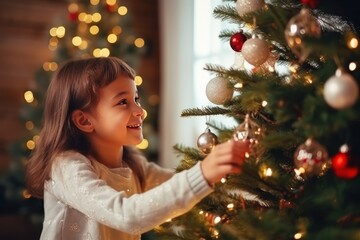 Little Caucasian or Scandinavian girl is decorating Christmas tree at home. Expectation of holiday, magic and gifts from Santa Claus. Close-up photo. - obrazy, fototapety, plakaty