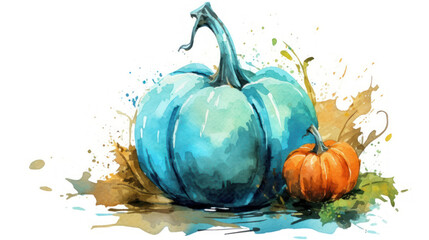 Watercolor painting of a pumpkin in cyan color tone.