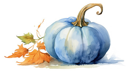 Watercolor painting of a pumpkin in blue color tone.