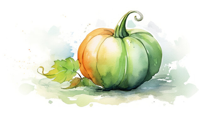 Watercolor painting of a pumpkin in green color tone.