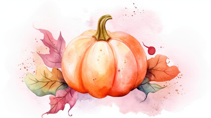 Watercolor painting of a pumpkin in blush color tone.