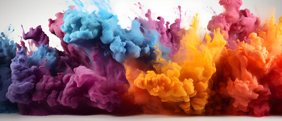 Colorful rainbow holi paint powder explosion isolated white wide panorama background.