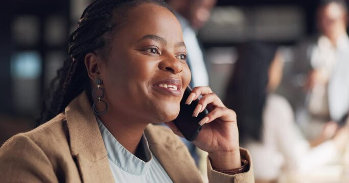 Business, phone call and black woman in office happy with deal, negotiation or client proposal. Smartphone, conversation and excited African female crm manager online for faq management or planning